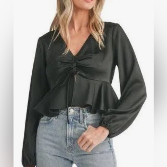 NWOT All In‎ Favor Tie Front Satin Peplum Top in Black Womens Size S - Picture 1 of 9